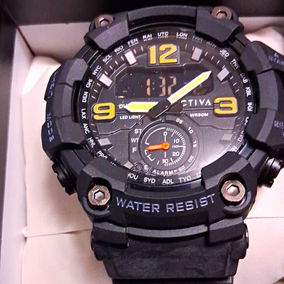 Activa Analog-Digital Sport Watch Black Resin Strap WR 50m Alarm World Time