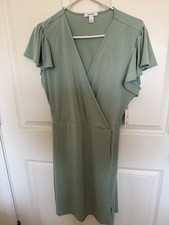 Nine West Green Wrap Dress Flutter Short Sleeve Knee Length V-Neck Size L