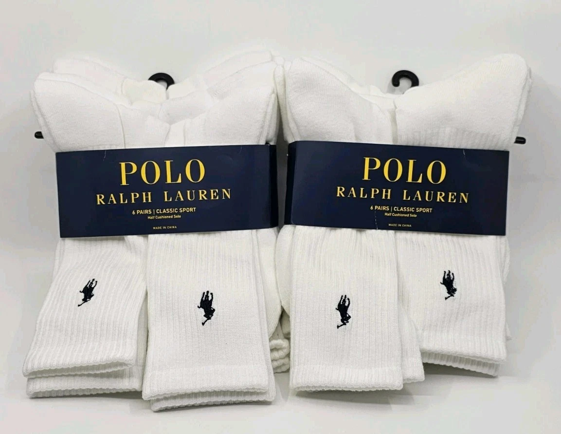 (2) Packs Polo Ralph Lauren Mens White Classic Sport Socks Size 10-13, 12 Pairs