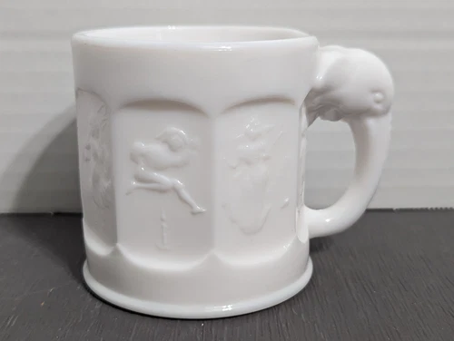 Vtg. Heisey Elephant Handle Imperial White Milk glass Storybook Mug.
