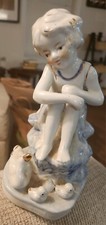 Vtg Blue And White Girl Sitting With Ducks Figurine. Unmarked  Smoke Free Home 