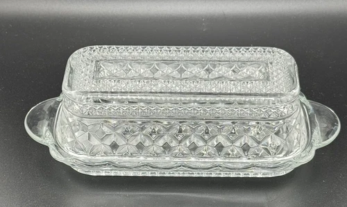 Antique Wexford by Anchor Hocking Glass Covered Butter Dish Diamond with Lid