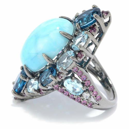 Meher's Jewelry 18 x 13mm Oval Larimar & Multi Gem Halo Sterling Silver Ring 6&7 - Picture 3 of 5