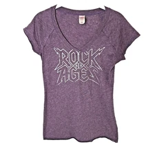 California Basics Women's Junior's L Tee Shirt Purple V-Neck Rock of Ages
