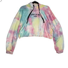 Cest La Vie Paris Tie Dye Cropped Drawstring Hoodie Colorful Womens Size XL