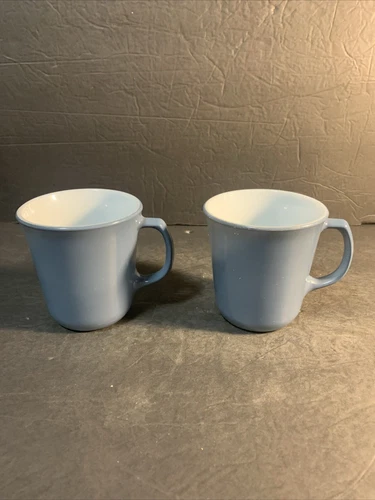 Set Of 2 Vintage Pyrex Slate Blue Coffee Mug Cups Milk Glass 8oz D Handled 1970s