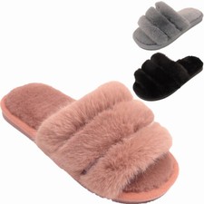KIDS FLUFFY FAUX FUR FLUFFY COMFORT SOFT FLAT SLIP ON OPEN TOE SLIPPERS SLIDERS
