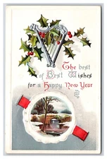 Harp Holly Bridge Best Wishes For Happy New Year Embossed Foiled DB Postcard S6