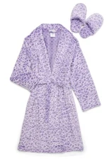 Girls Plush Fleece Robe and Slippers Purple Animal Print 2 piece set