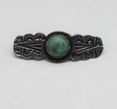 OLD PAWN ANTIQUE NAVAJO FRED HARVEY STERLING SILVER BROOCH PIN WITH TURQUOISE