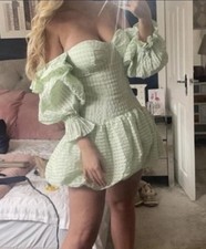 ASOS 8 Dress Green Gingham Plaid Mini Bubble Puff Sleeve Cottagecore Coquette 