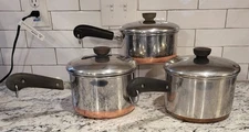 Vintage 1801 Revere Ware Copper Bottom Stainless Saucepans Set of 3 With Lids