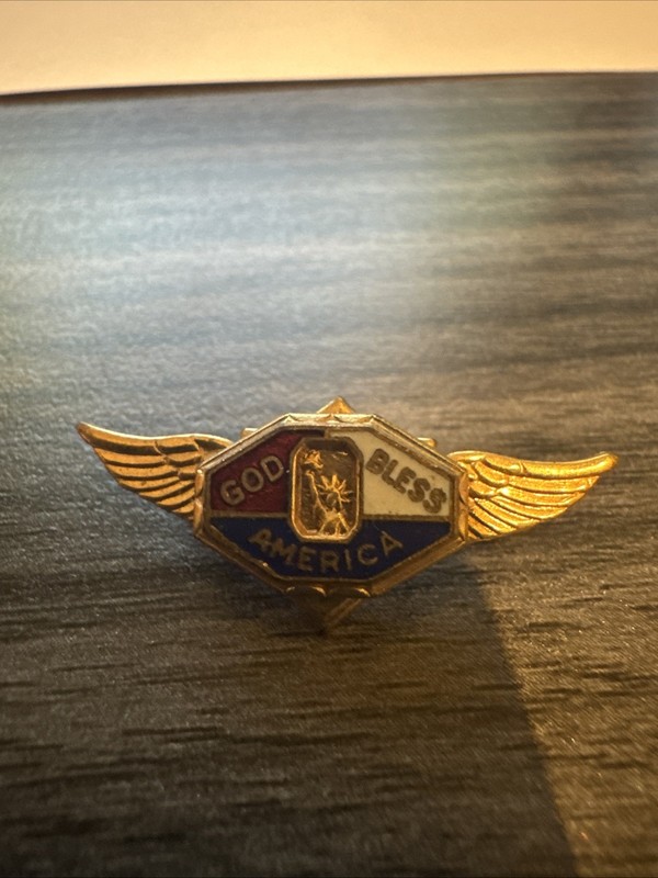 Vintage Gold Bless America Pin Wings Design Statue of Liberty Center