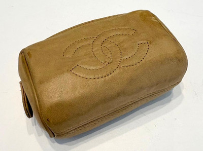 CHANEL Pouch Vanity Case Coin Purse CC Logo Beige Vintage Leather Pre-Owned