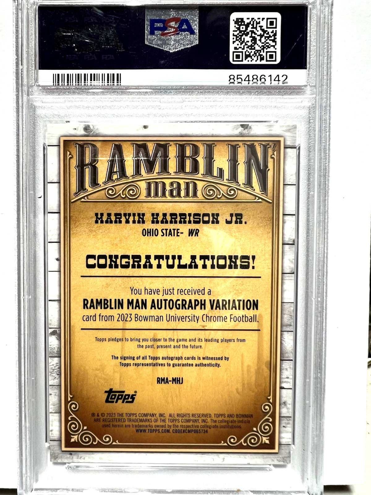 Marvin Harrison Jr. 2023 Bowman U Ramblin Man Gold /50 ON CARD RC Auto PSA 10 view 4