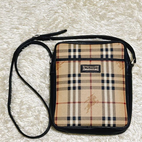 BURBERRY Vintage Leather PVC Square Shoulder Bag Beige Black Logo Authentic