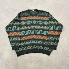Vintage Knitted Jumper abstract patterned grandad knit sweater Men's L