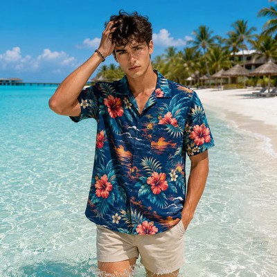Tropical Sunset Print Hawaiian Shirt Mens Beach Aloha Vacation Top