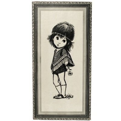 1970s Vintage Big Eye Girl Print Signed Lee Black and White Flower Power Hippie