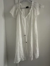 Naif Dress M  White Lined Dress Tasseled Neckline Short Sleeve 