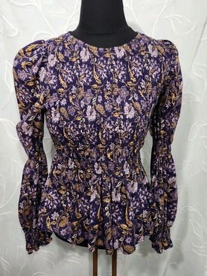 Vintage Thread Womens Purple Peasant Babydoll Romantic Floral Top Small