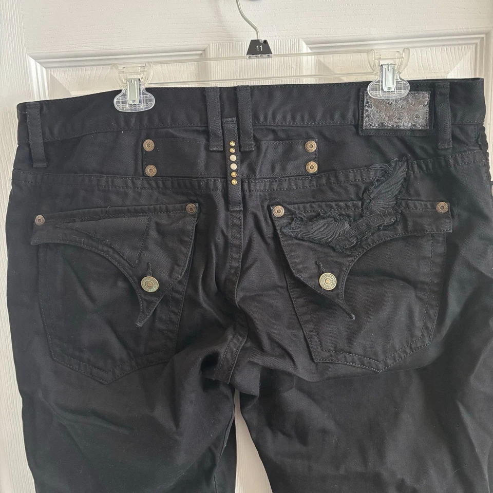 Robins Jean Black Bermuda Shorts Mens Distressed Long Flap Wings MISSING BUTTON - Image 3 of 4