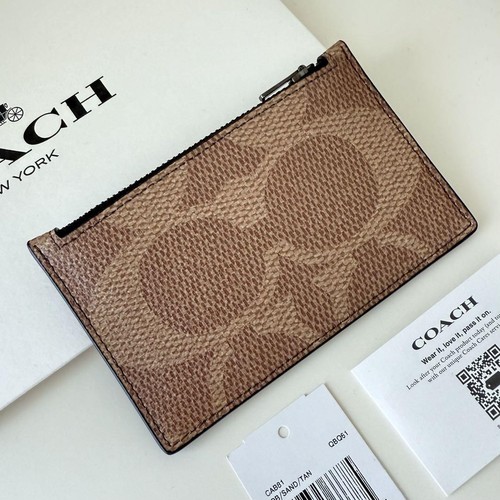Coach Zip Card Case Wallet Signature Canvas Tan Brown Used