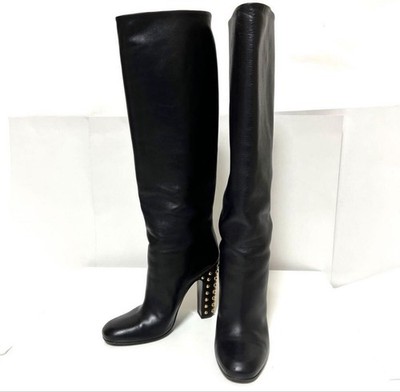 Womens GUCCI GUCCI High Heel Long Boots Plain Toe Studs 297199 Black 37 Used