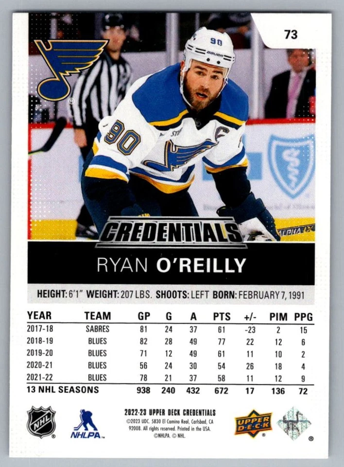 2022-23 Upper Deck Credentials Ryan O'Reilly St. Louis Blues #73 - Image 2 of 2