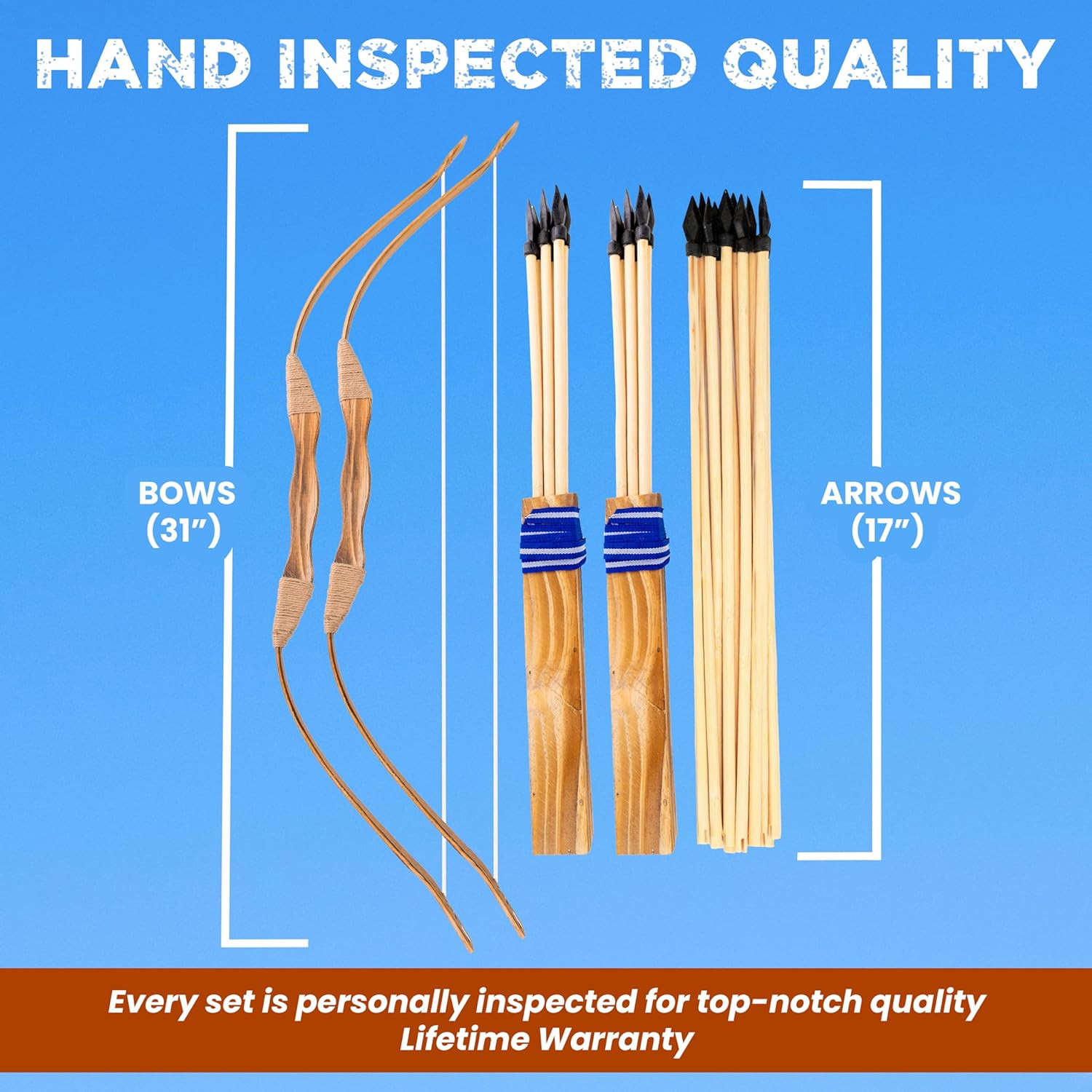 - 2-Pack Handmade Wooden Bow and Arrow Set - 20 Wood Arrows and 2 Quivers - for
