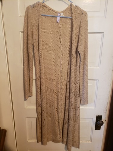 Alya Large Long Open Cardigan with Braided Back Beige Colored