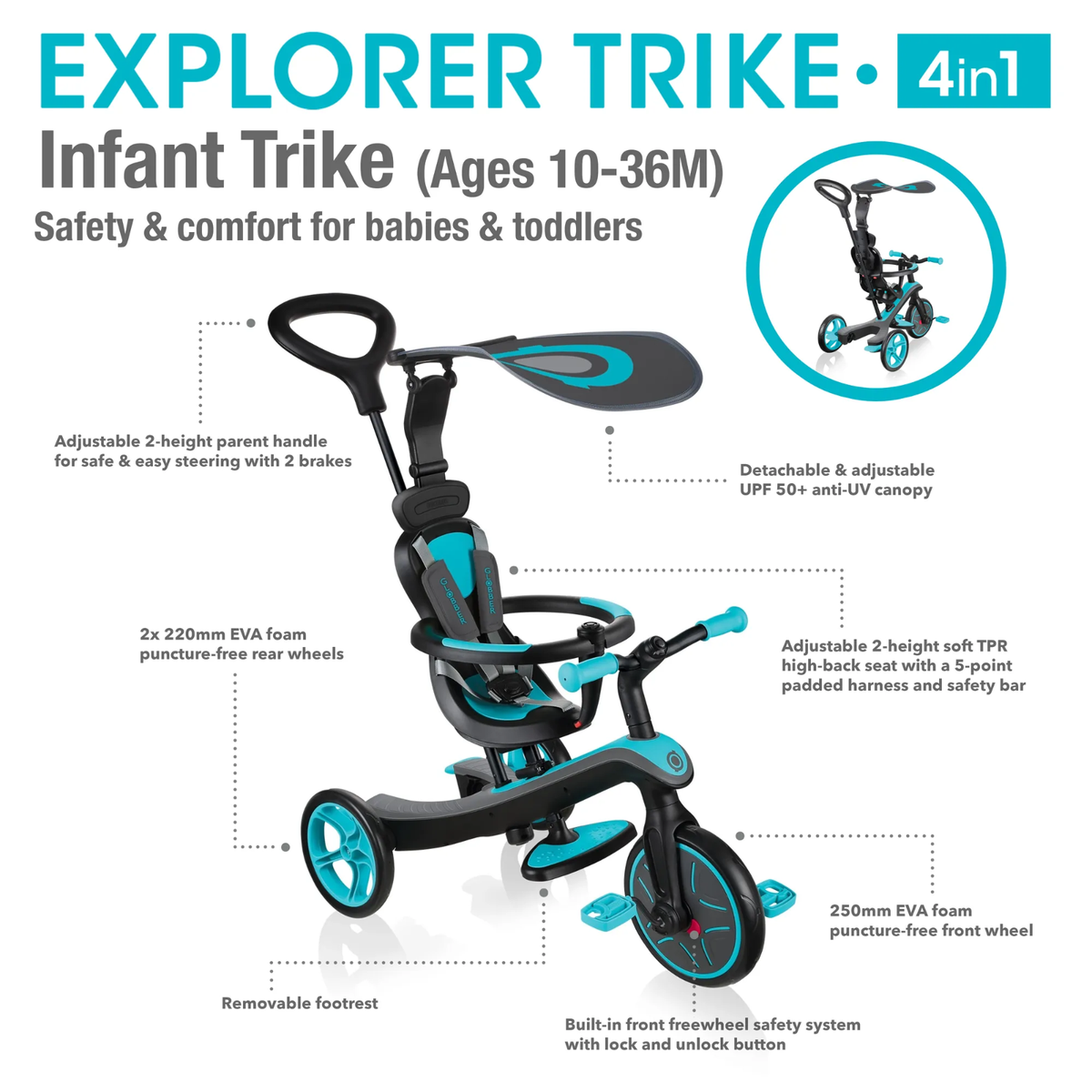 Globber Explorer Trike 4-in-1 Adjustable Kids Ages 10 m-5 years