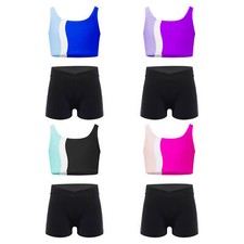 Kids Girls Crop Top And Shorts Rhinestones Dancewear Ballet Gymnastics Gym Vest