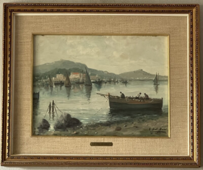 FERNANDO DEL BASSO ANTIQUE ITALIAN LANDSCAPE BOAT OIL PAINTING OLD ITALY 1950s
