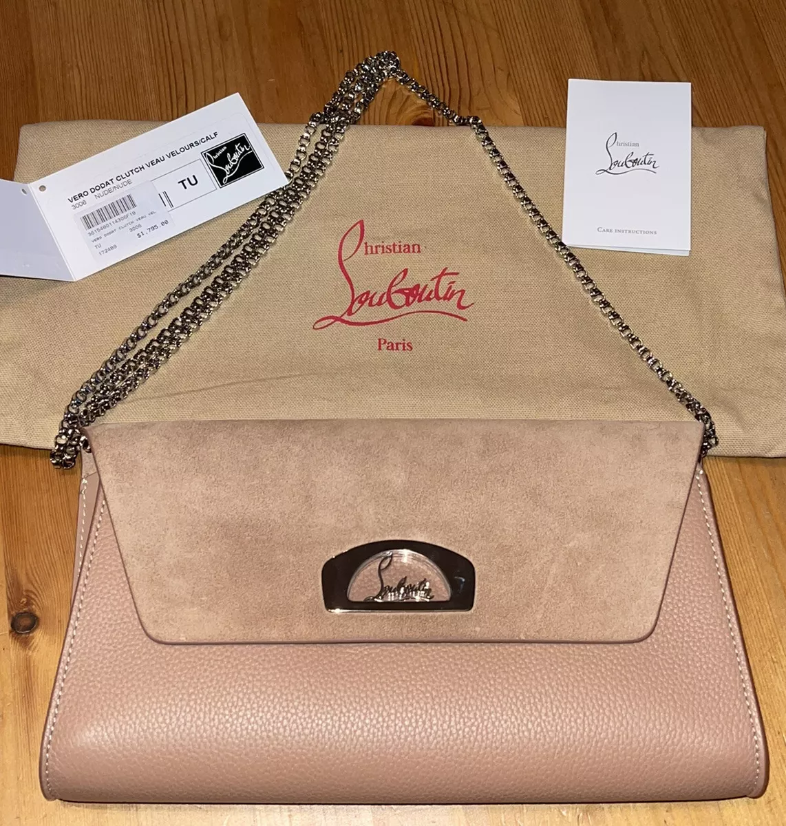 Christian Louboutin Nude Vero Dodat Suede & Calf Clutch Shoulder Chain Hand  Bag