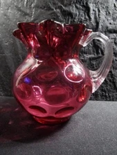 Vintage  Cranberry Coin Dot Pitcher  Ribbed with Clear Handle  5" Tall