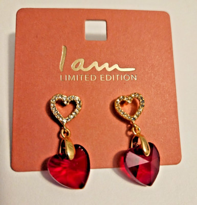 I Am Limited Edition Gold Red Heart Gemstone Love Dangle Earrings 1 Pair, NEW 