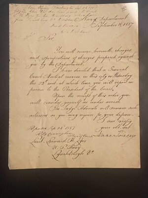 1857 Navy Department Court Martial Letter   Isaac Toucey & Lt. Leonard H. Lynn