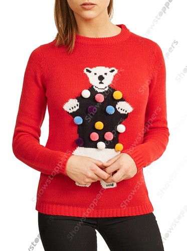 NUOVO donna Maglione natalizio NATALE MAGLIA 3D Orso Polare Rosso 10 12 14  16 | eBay