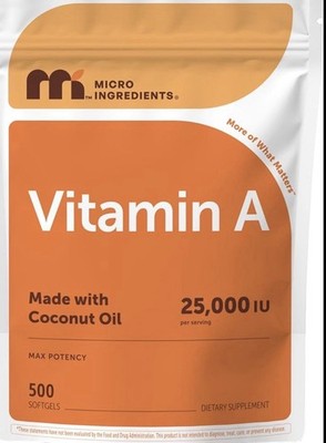 Micro Ingredients, Vitamin A,(25,000 IU), 500 Softgels (Exp 03/2028)