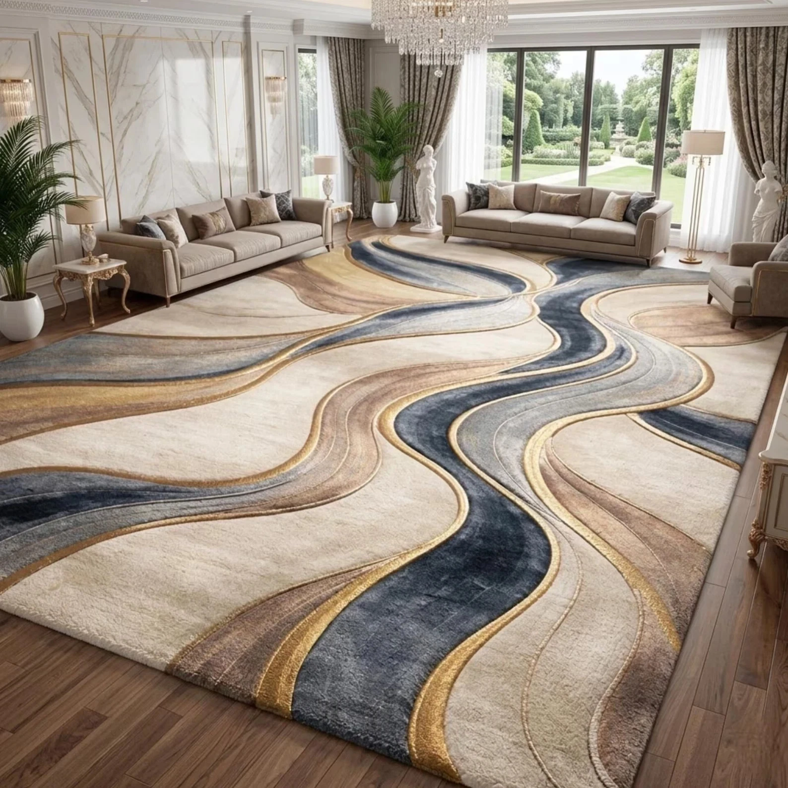 Hand Tufted Abstract Modern Wave Pattern Rug, Neutral Beige Blue Gold Area Rug