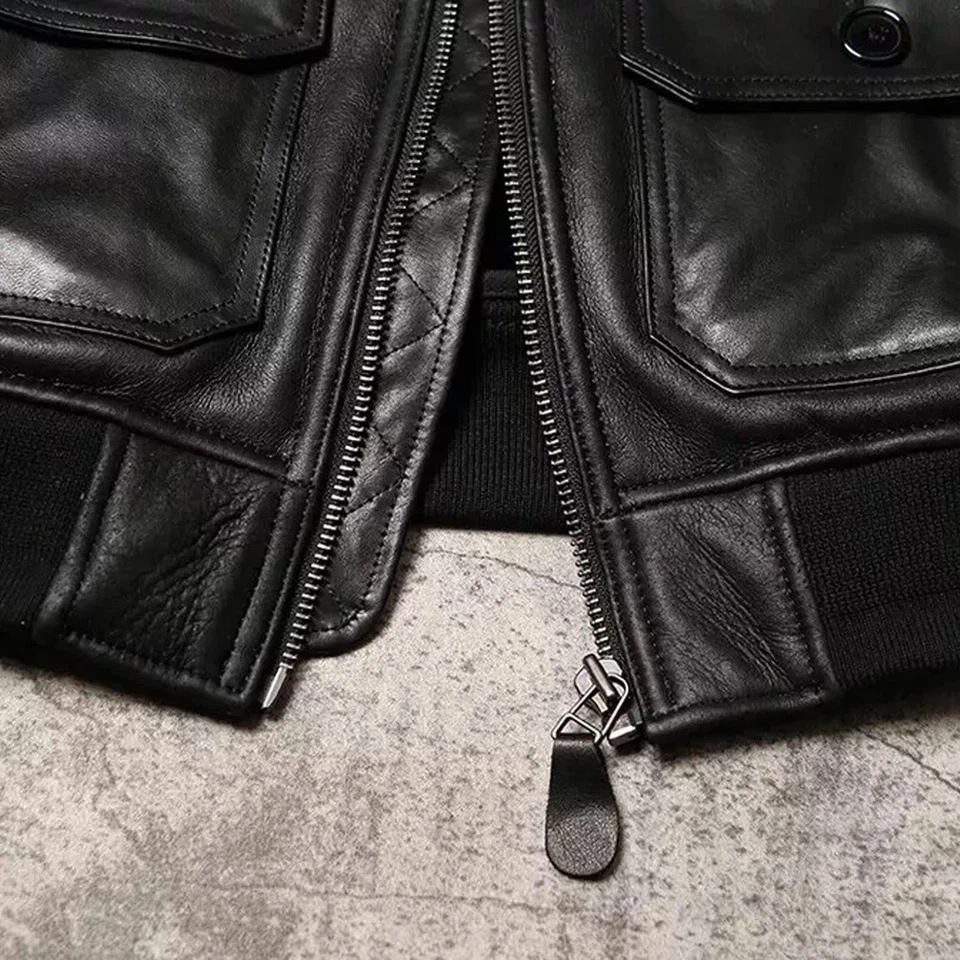 Men’s Bomber Jacket Genuine Leather Genuine Fur Retro Warm Black Coat Style - Image 3 of 4