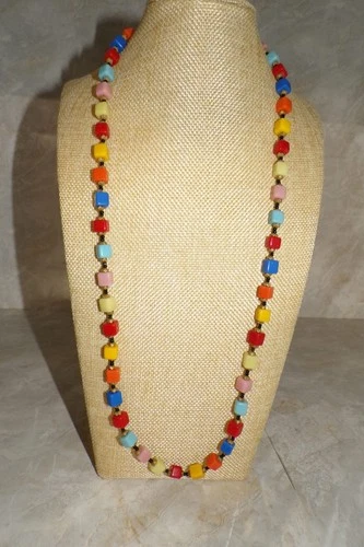Vintage Multicolor Harlequin Square Bead Necklace Czech Glass Costume Jewelry