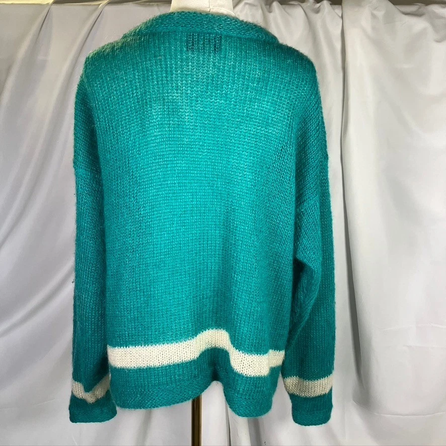 Cárdigan suéter vintage PASTA grande mezcla de mohair verde azulado prendas de punto florales Foto 2 de 4