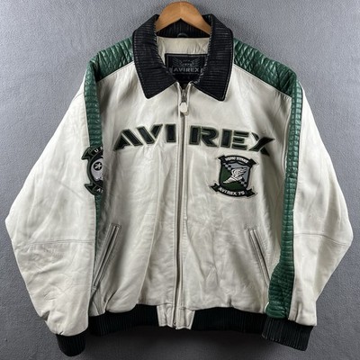 Vintage Avirex Leather Jacket Mens 3XL White Green Varsity