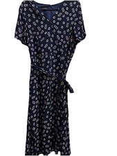 Talbots Maxi Dress Sz 12 Navy Blue Button Front Short Sleeve Floral Cottagecore