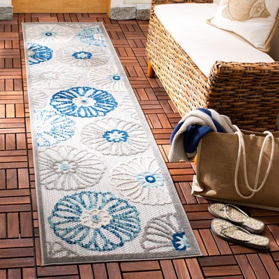 Cabana Collection Runner Rug - 2' x 10', Grey & Blue, Floral Design, Non-Shed...