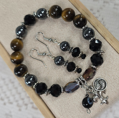 Tiger's Eye & Hematite Beaded Jewelry Set Bracelet & Earrings Yin Yang Theme NEW