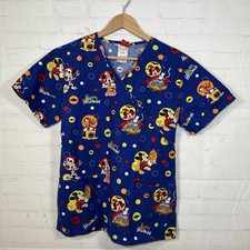 Disney Halloween Mickey Mouse Minnie Scrub Top Womens Size Small Blue V Neck