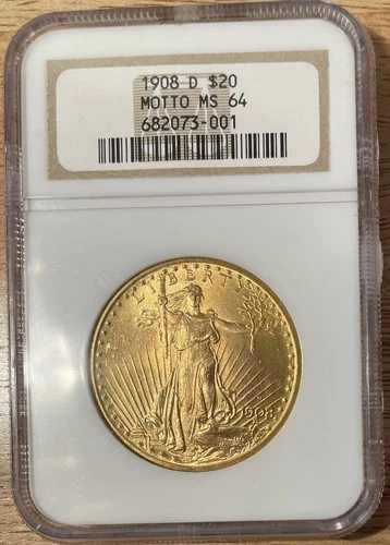 1908-D $20 Saint-Gaudens Double Eagle Gold Coin w/ motto NGC certified MS64
